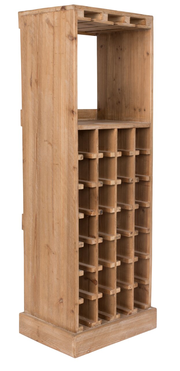 Houten wijnrek met zijaanzicht, dat plaats biedt aan meerdere flessen.