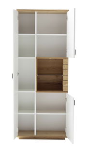 Frontansicht eines Highboards mit offenen Türen, weißen Fächern und einem Holzelement in der Mitte.