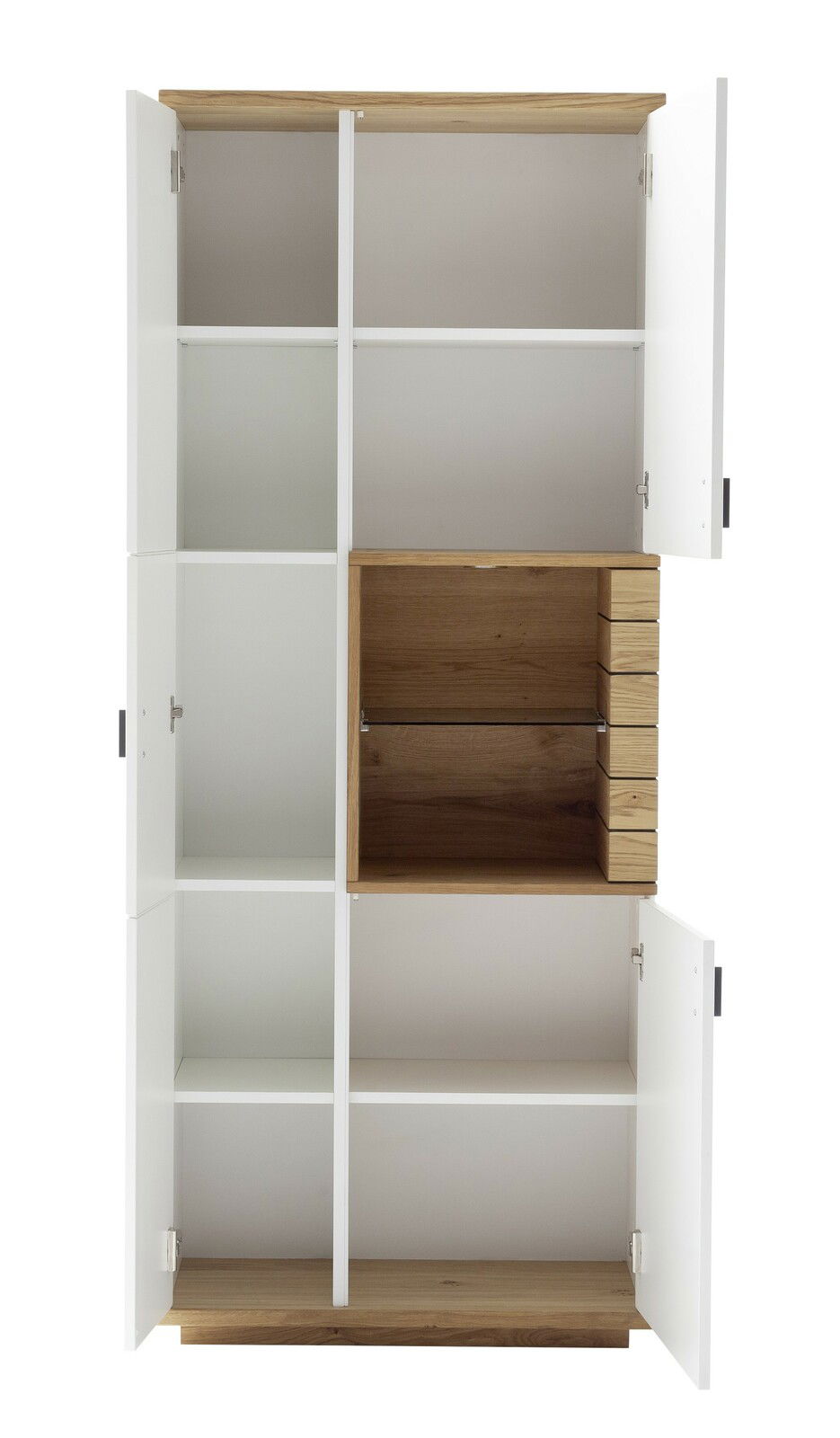 Frontansicht eines Highboards mit offenen Türen, weißen Fächern und einem Holzelement in der Mitte.