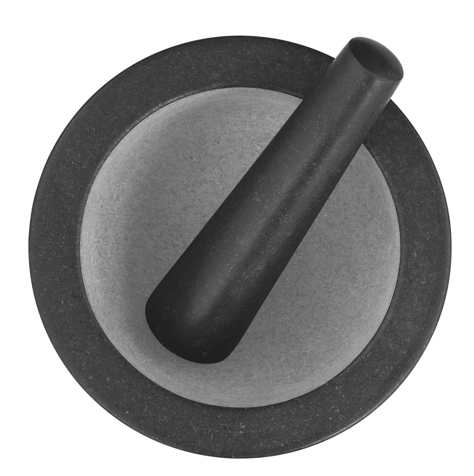 Ansicht von oben auf einen schwarzen Mörser und Stößel aus Stein, 20 cm Durchmesser.