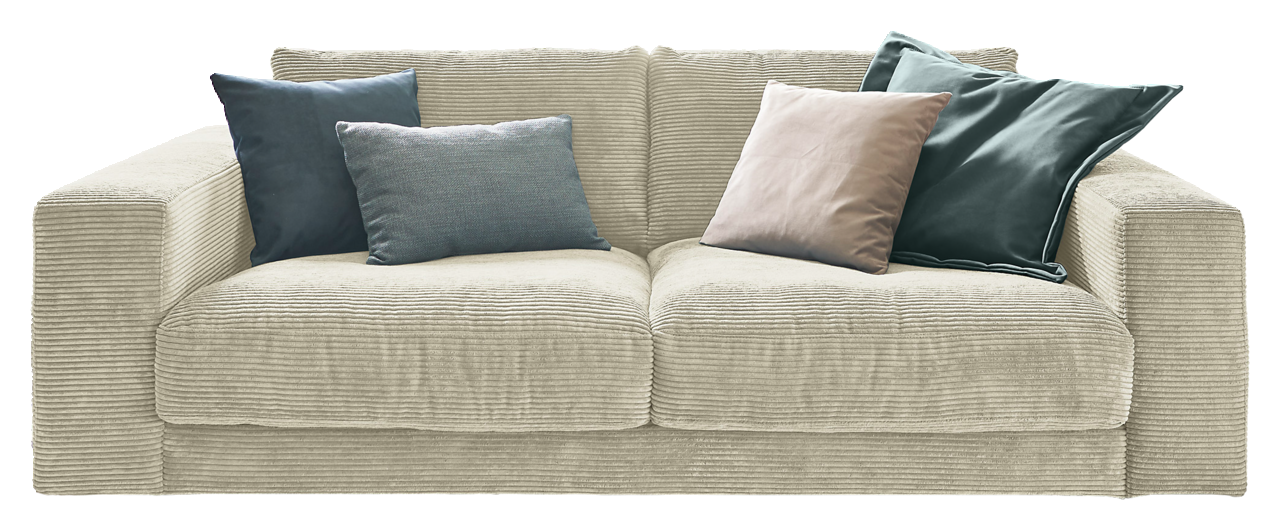 Lounge Handmade Sofa 2-Sitzer LH-SAMBIA Zweisitzer-Sofa aus beigem Cordstoff mit vier Kissen in verschiedenen Farben, Frontalansicht