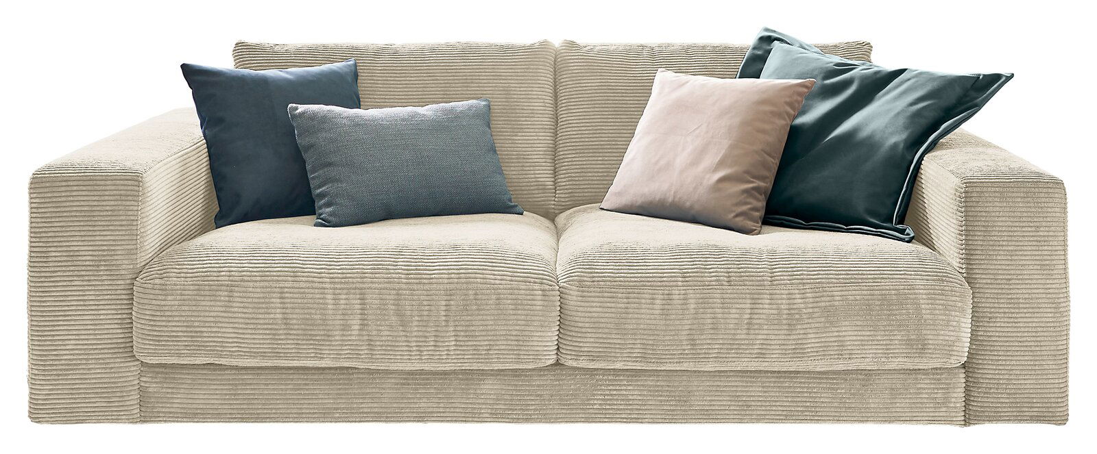 Lounge Handmade Sofa 2-Sitzer LH-SAMBIA Zweisitzer-Sofa aus beigem Cordstoff mit vier Kissen in verschiedenen Farben, Frontalansicht