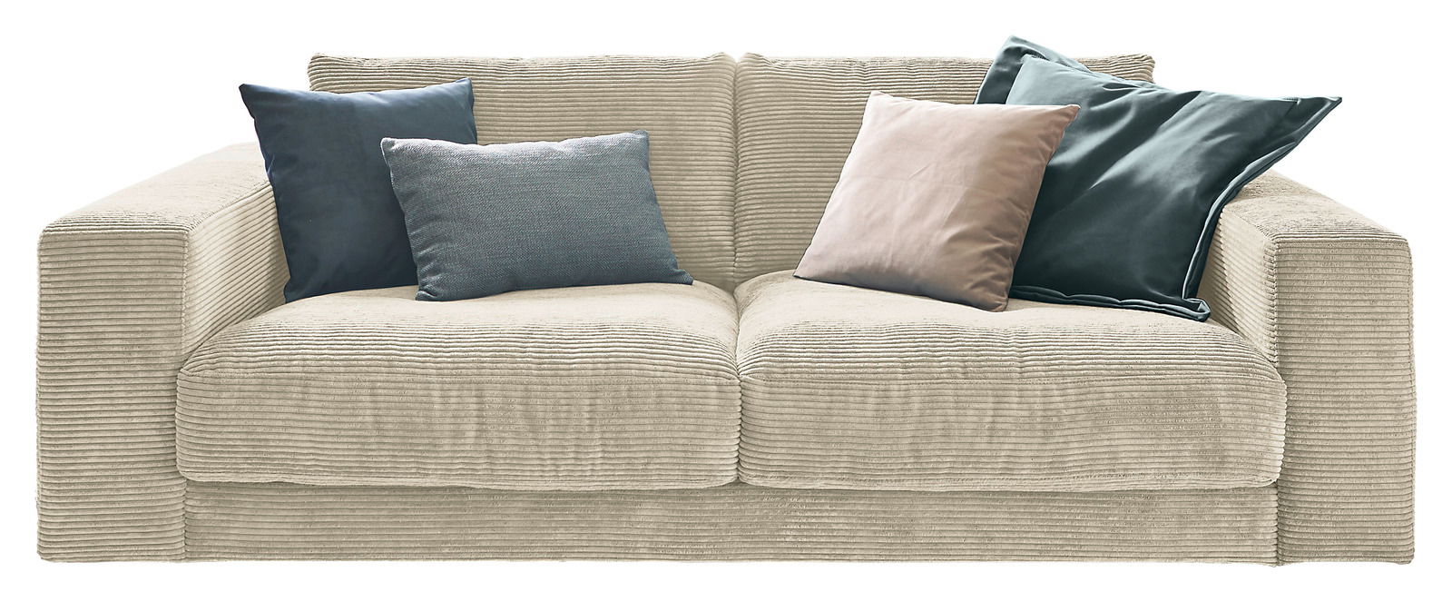 Zweisitzer-Sofa aus beigem Cordstoff mit vier Kissen in verschiedenen Farben, Frontalansicht