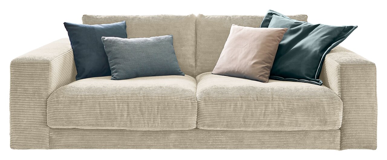 Zweisitzer-Sofa aus beigem Cordstoff mit vier Kissen in verschiedenen Farben, Frontalansicht