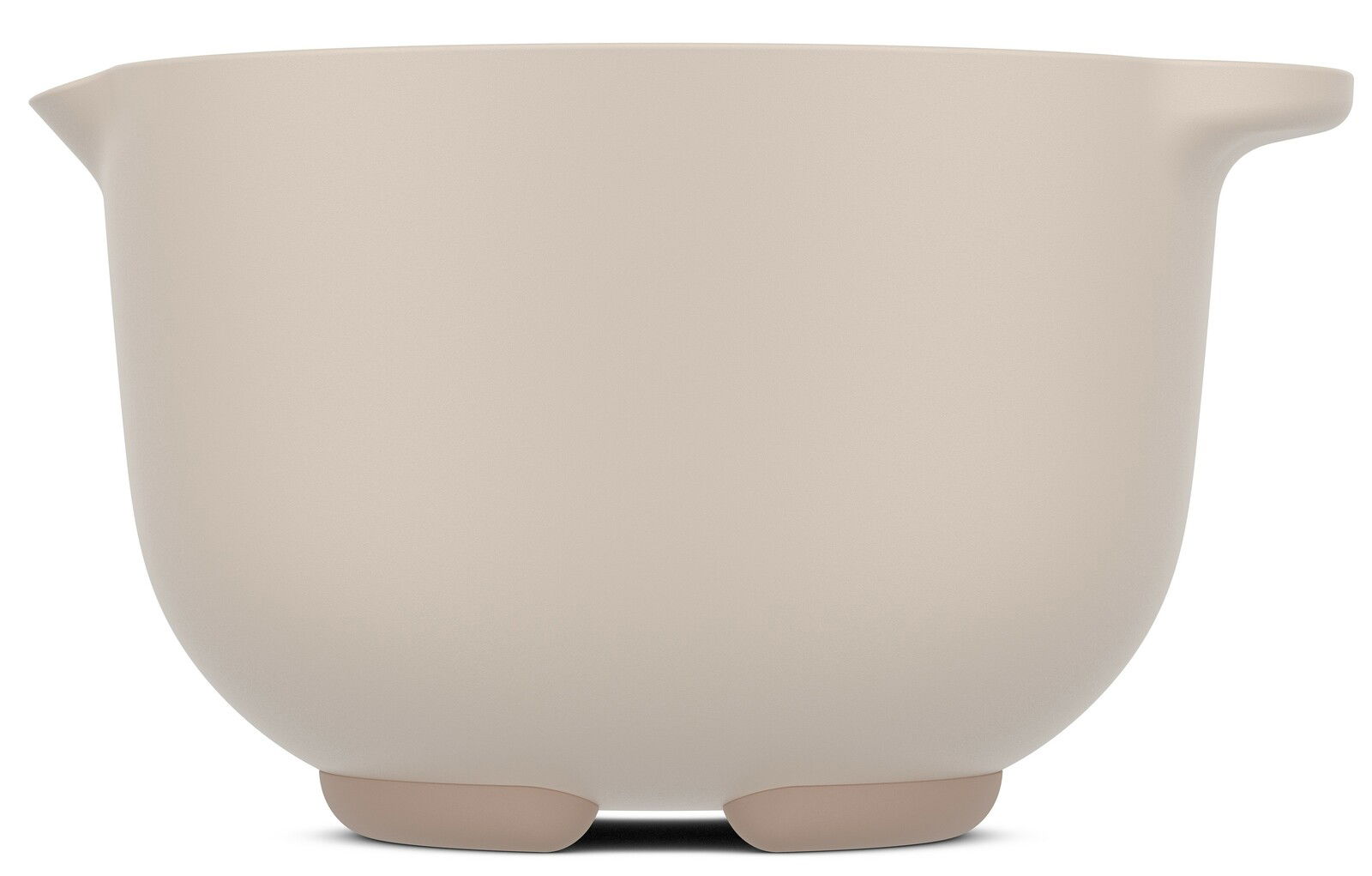 Beige Rührschüssel mit 1500 ml Fassungsvermögen, seitliche Ansicht mit Ausguss und Griff.