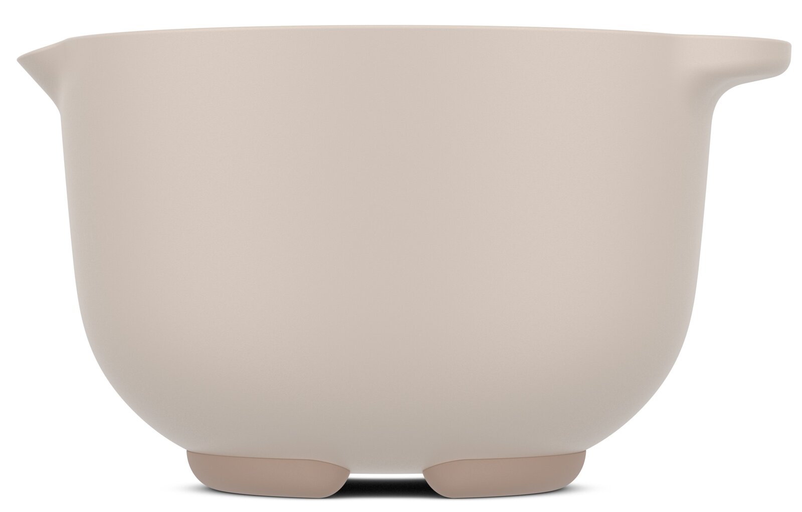 Beige Rührschüssel mit 1500 ml Fassungsvermögen, seitliche Ansicht mit Ausguss und Griff.