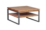 Moderner quadratischer Beistelltisch aus Holz mit Metallrahmen, seitliche Perspektive