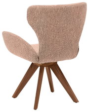Achterkant van een fauteuil met bruine stoffen bekleding en houten poten