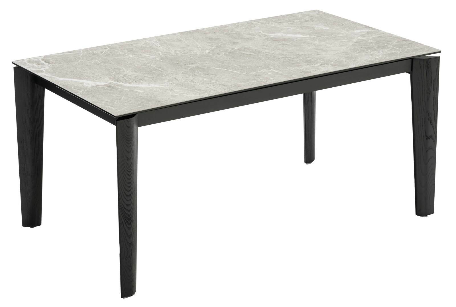 Connubia Esstisch BAND Moderner Esstisch mit heller Marmoroptik-Tischplatte und dunklen Holzbeinen, seitliche Perspektive.