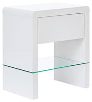 Weiße Nachtkommode mit einer Schublade und einem Glasboden, seitliche Perspektive