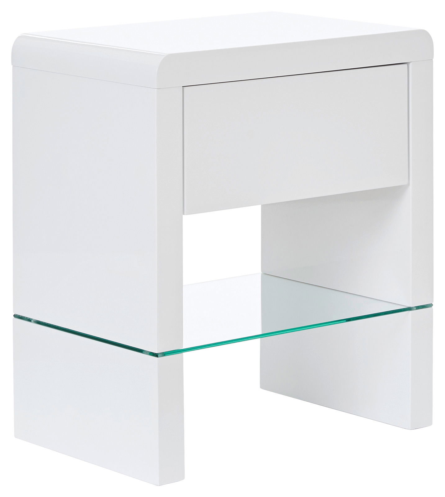 Weiße Nachtkommode mit einer Schublade und einem Glasboden, seitliche Perspektive