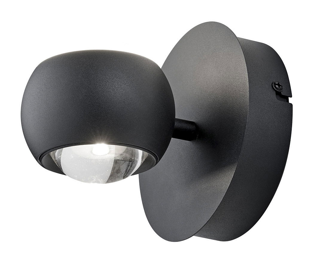 Moderne schwarze Wandleuchte CANNON mit rundem Design, seitliche Perspektive