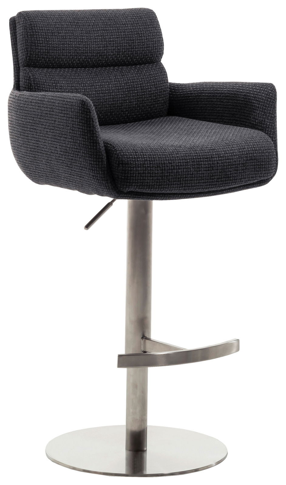 Dieter Knoll Barstuhl mit Armlehnen LEXINGTON Moderner Barstuhl mit Armlehnen in dunklem Stoffbezug, verstellbarem Metallgestell und Fußstütze, seitliche Perspektive.