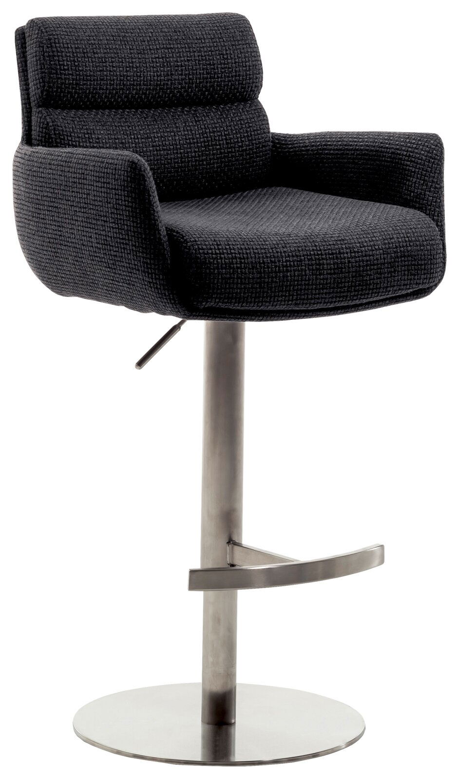 Dieter Knoll Barstuhl mit Armlehnen LEXINGTON Moderner Barstuhl mit Armlehnen in dunklem Stoffbezug, verstellbarem Metallgestell und Fußstütze, seitliche Perspektive.