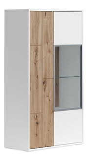 Vitrine klein mit Holz- und Weißelementen, seitliche Perspektive