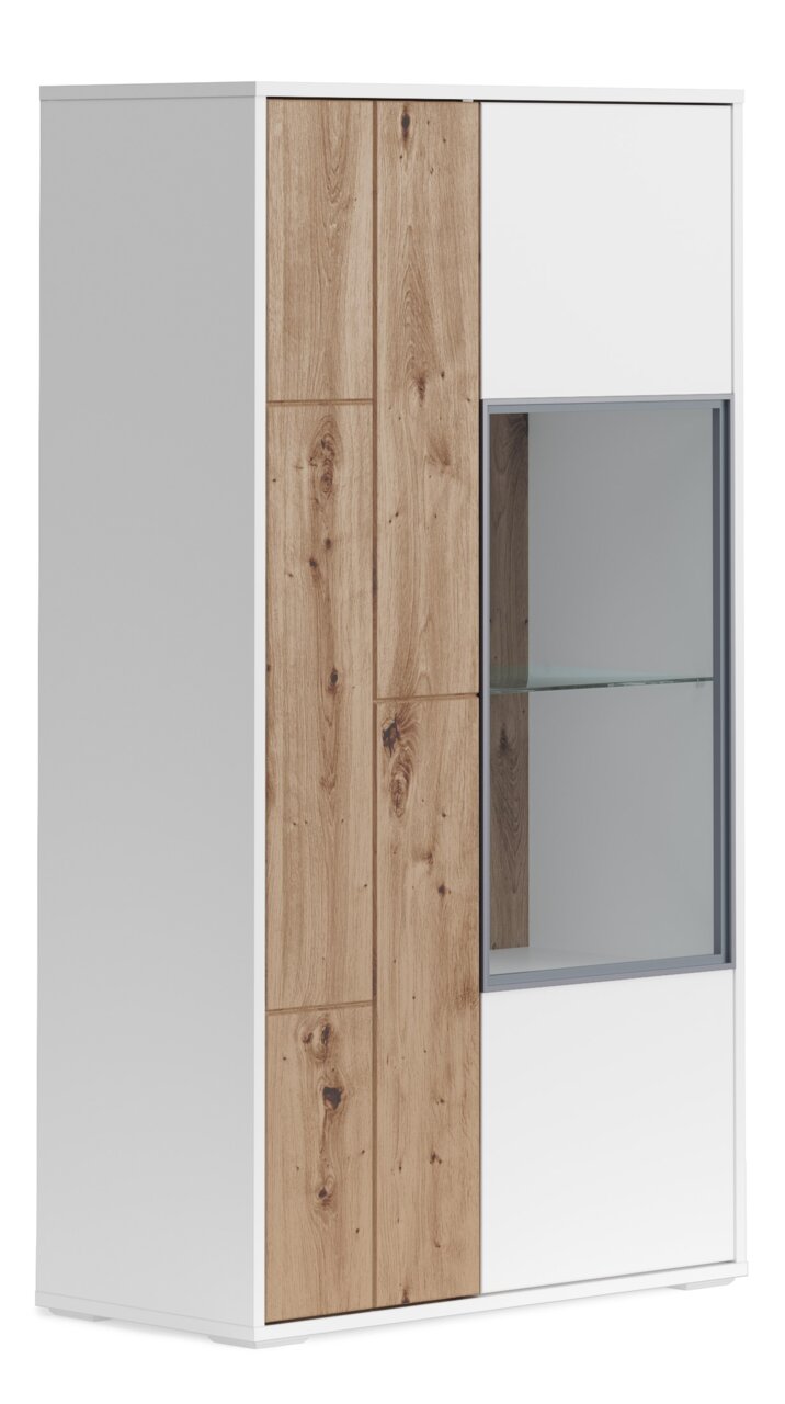 Z2 Vitrine klein SOLE Vitrine klein mit Holz- und Weißelementen, seitliche Perspektive