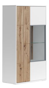 Vitrine klein mit Holz- und Weißelementen, seitliche Perspektive