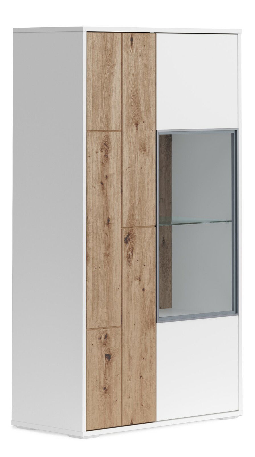 Vitrine klein mit Holz- und Weißelementen, seitliche Perspektive