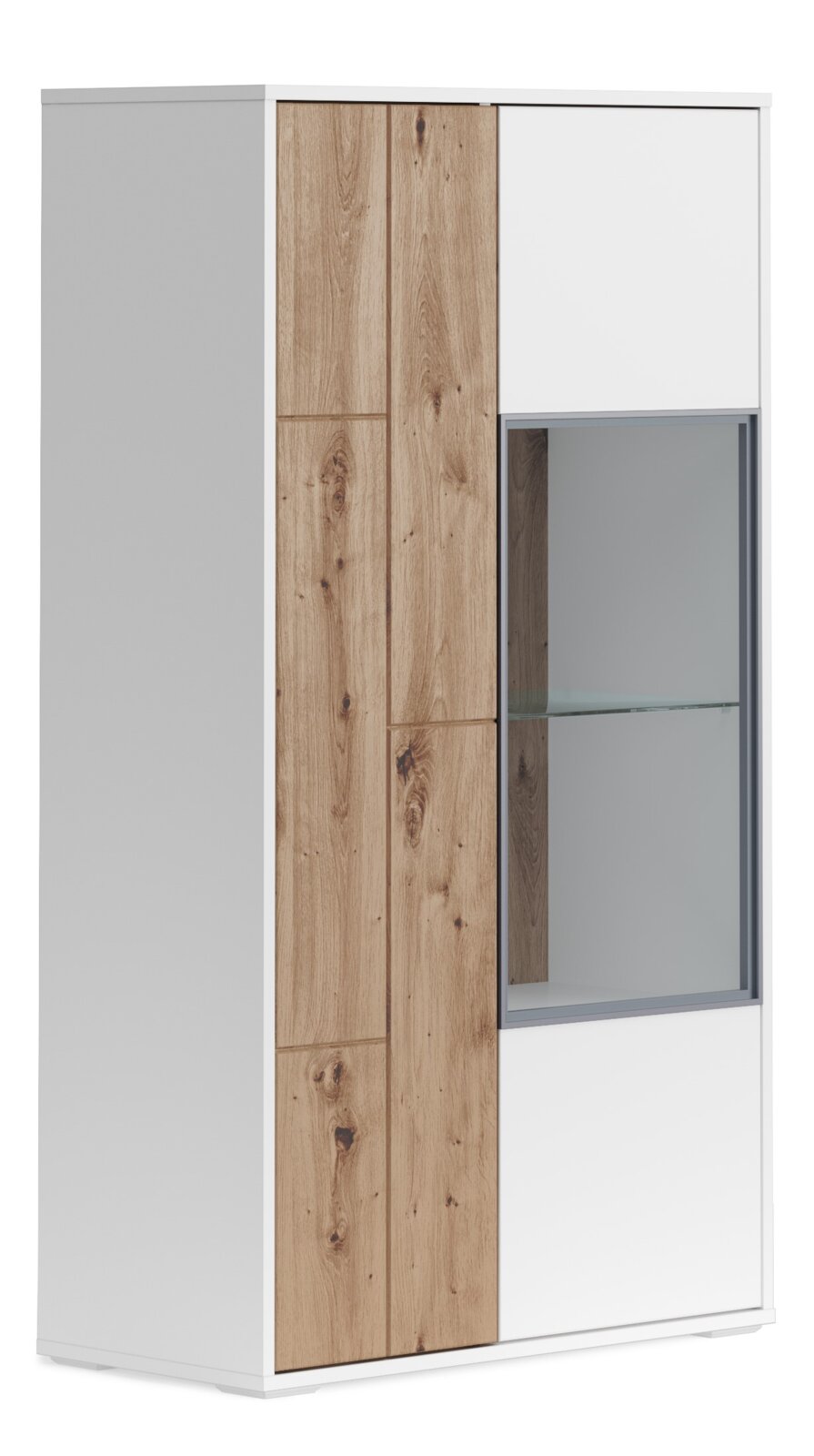 Z2 Vitrine klein SOLE Vitrine klein mit Holz- und Weißelementen, seitliche Perspektive