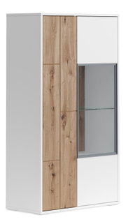 Vitrine klein mit Holz- und Weißelementen, seitliche Perspektive