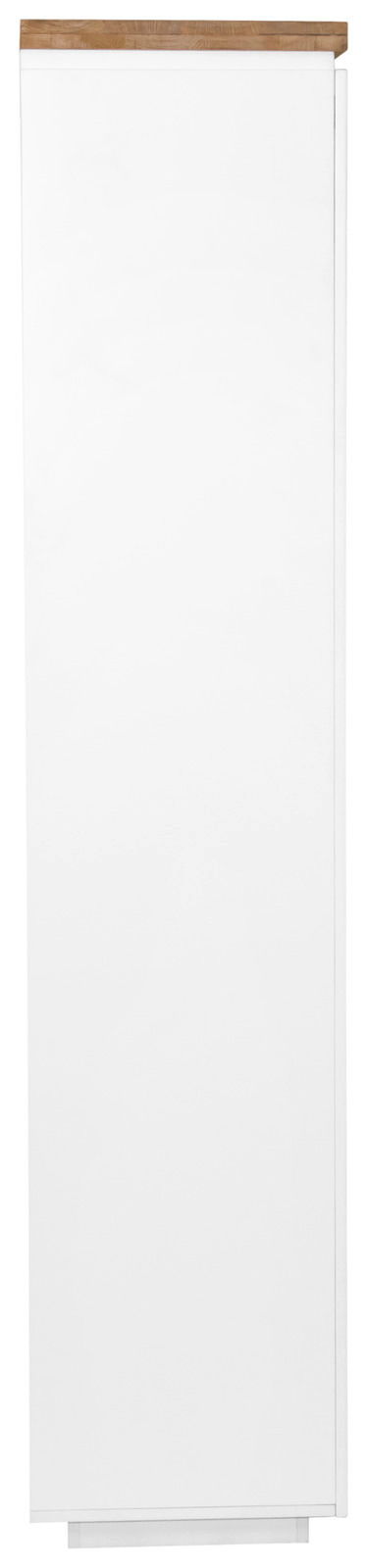Weißer Garderobenschrank mit Holzoberfläche, Frontalansicht