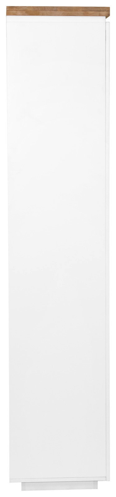 Weißer Garderobenschrank mit Holzoberfläche, Frontalansicht