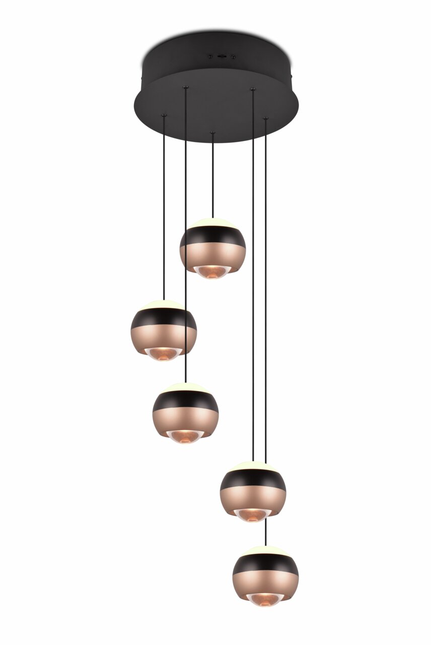 TRIO SELECT Pendelleuchte ORBIT Moderne Pendelleuchte Orbit mit fünf kugelförmigen Lampenschirmen, von unten betrachtet.