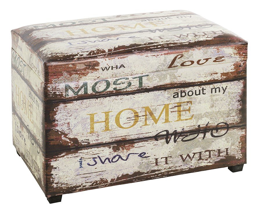 Zurbrüggen Sitztruhe DROPSHIPPING Vintage Sitzhocker/kleine Truhe im Shabby-Chic-Look mit Holzoptik und Schriftzug „HOME“, perspektivische Ansicht schräg von vorne links vor weißem Hintergrund.