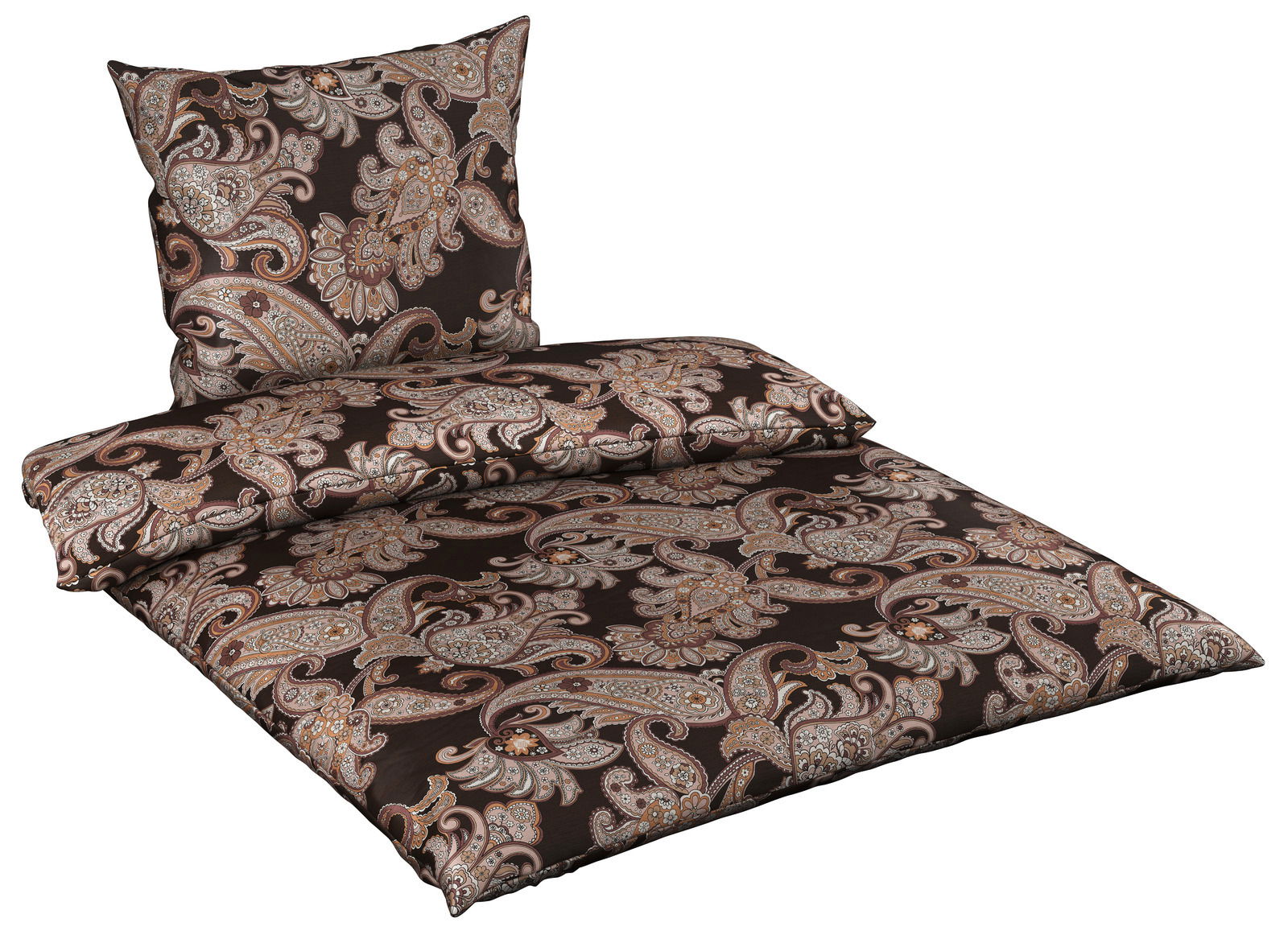 Bettwäsche-Set mit elegantem Paisley-Muster in Braun- und Beigetönen, bestehend aus einem Kissenbezug und einem Bettdeckenbezug, aus der Vogelperspektive.