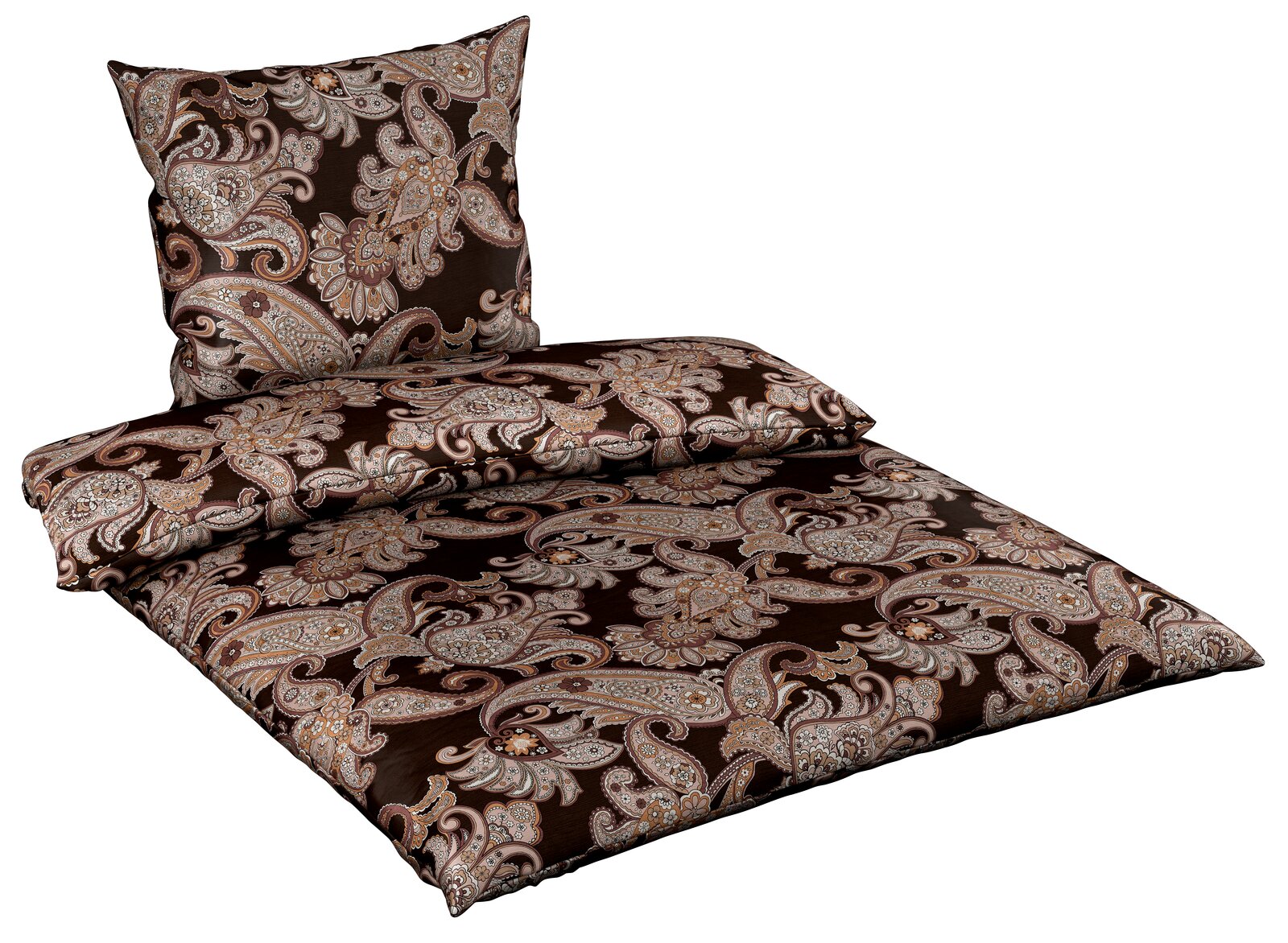 Bettwäsche-Set mit elegantem Paisley-Muster in Braun- und Beigetönen, bestehend aus einem Kissenbezug und einem Bettdeckenbezug, aus der Vogelperspektive.