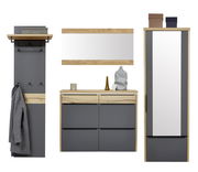 Modernes Garderoben-Set in Anthrazit und Eiche mit Wandpaneel samt Haken und Ablage, Kommode mit Schubladen, Wandspiegel und hohem Schrank, frontal aus der Vorderansicht auf weißem Hintergrund