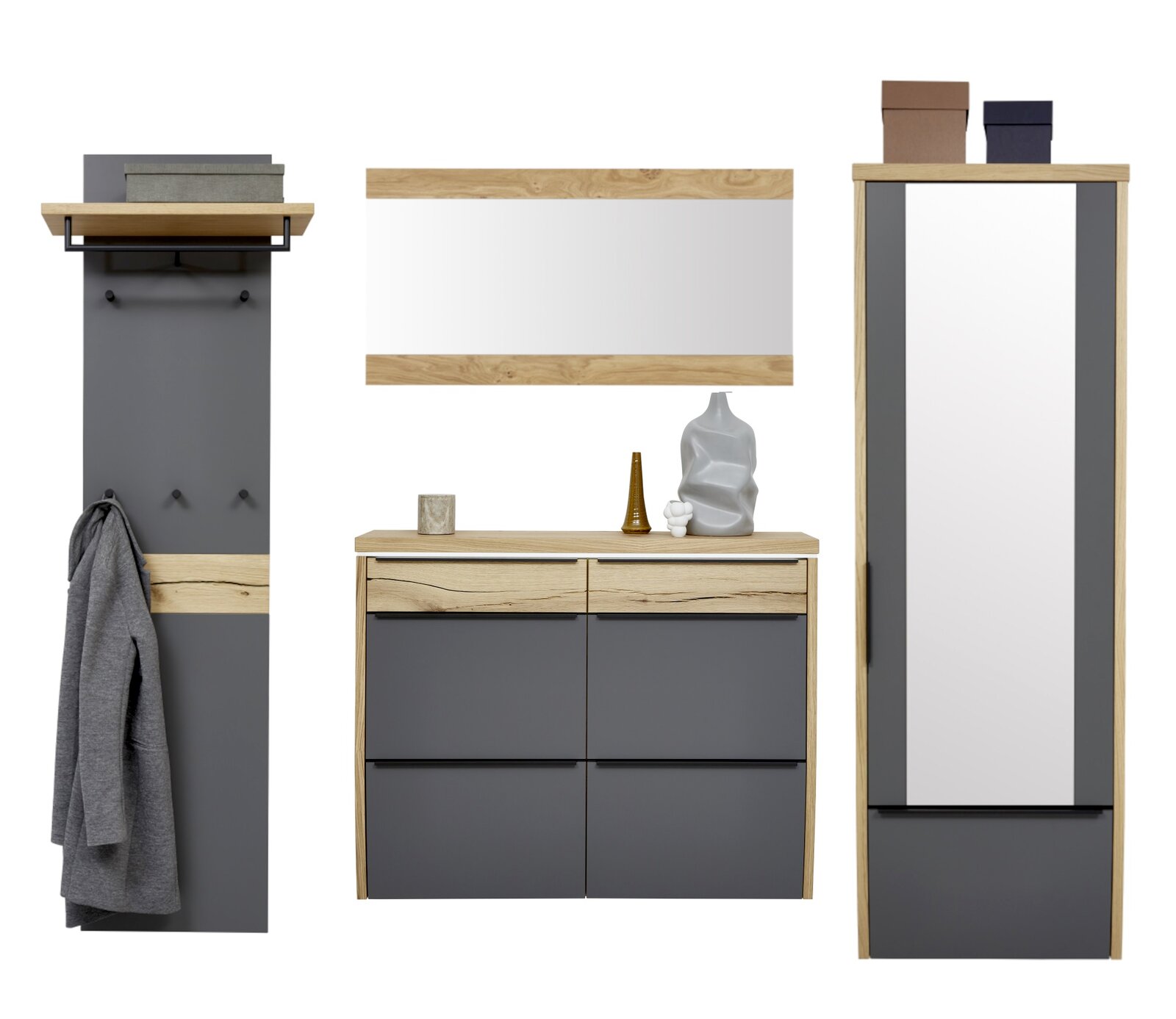 Modernes Garderoben-Set in Anthrazit und Eiche mit Wandpaneel samt Haken und Ablage, Kommode mit Schubladen, Wandspiegel und hohem Schrank, frontal aus der Vorderansicht auf weißem Hintergrund
