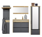 Modernes Garderoben-Set in Anthrazit und Eiche mit Wandpaneel samt Haken und Ablage, Kommode mit Schubladen, Wandspiegel und hohem Schrank, frontal aus der Vorderansicht auf weißem Hintergrund