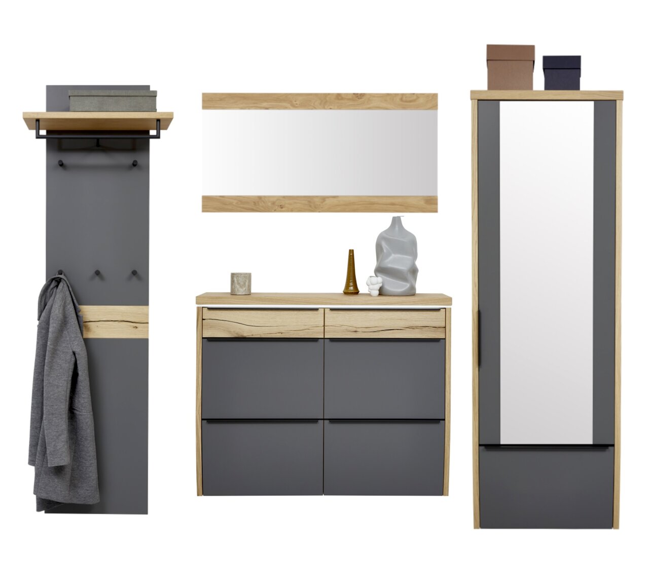 Modernes Garderoben-Set in Anthrazit und Eiche mit Wandpaneel samt Haken und Ablage, Kommode mit Schubladen, Wandspiegel und hohem Schrank, frontal aus der Vorderansicht auf weißem Hintergrund