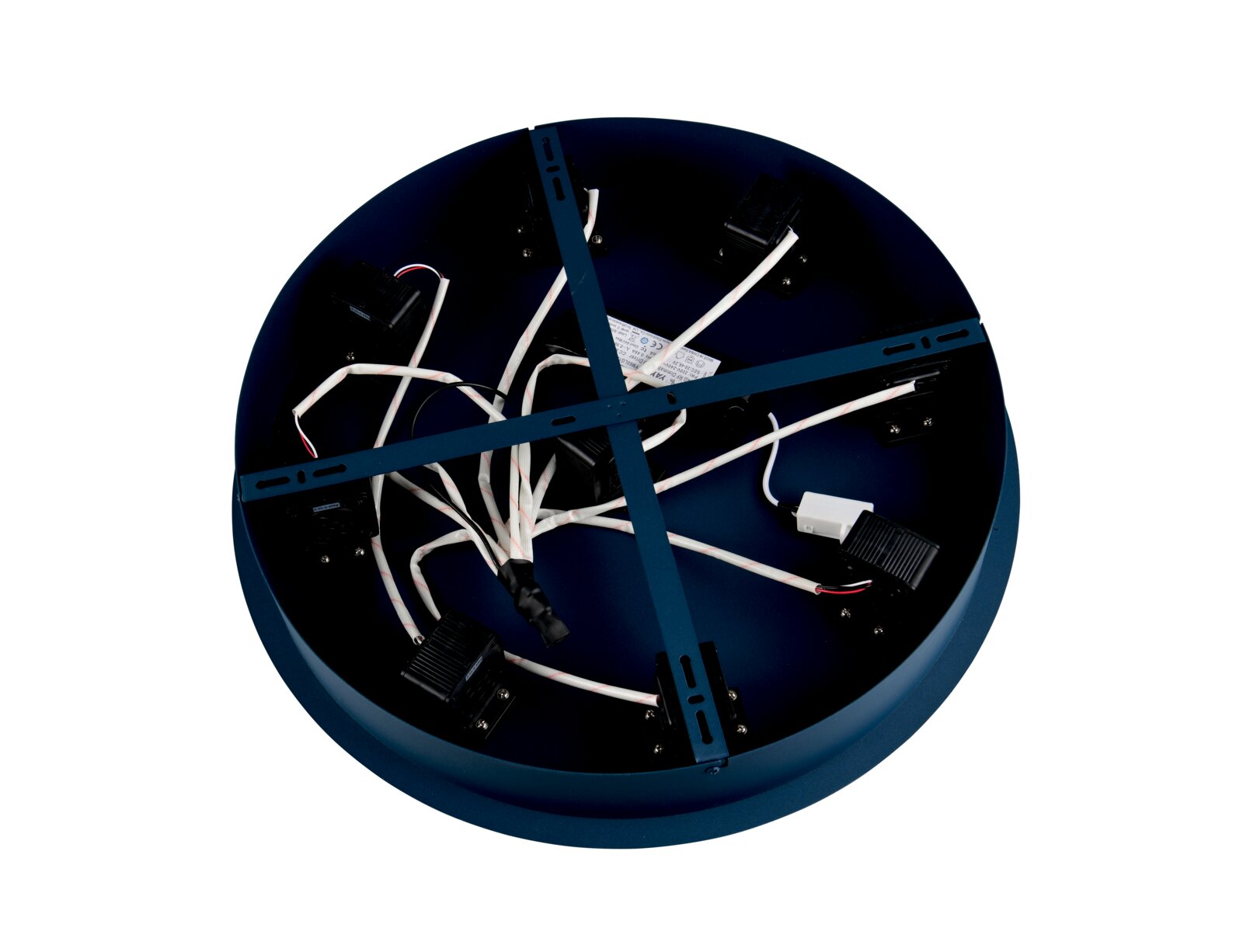 Unterseite einer runden, blau lackierten LED-Deckenleuchte mit Montagekreuz, sichtbarer Verkabelung und mehreren LED-Modulen, Ansicht von unten.