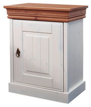 Nachtkonsole 1-türig aus Holz mit weißem Korpus und brauner Oberseite, seitliche Perspektive