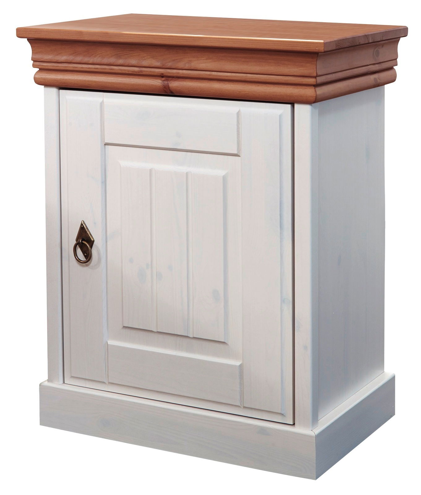 Landscape Nachtkonsole 1-türig VENEZIA Nachtkonsole 1-türig aus Holz mit weißem Korpus und brauner Oberseite, seitliche Perspektive