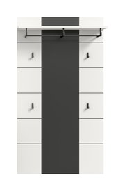 Modernes Garderobenpaneel in Weiß mit mittigem schwarzem Paneel, oben Ablage und Kleiderstange sowie vier Haken; Frontalansicht.