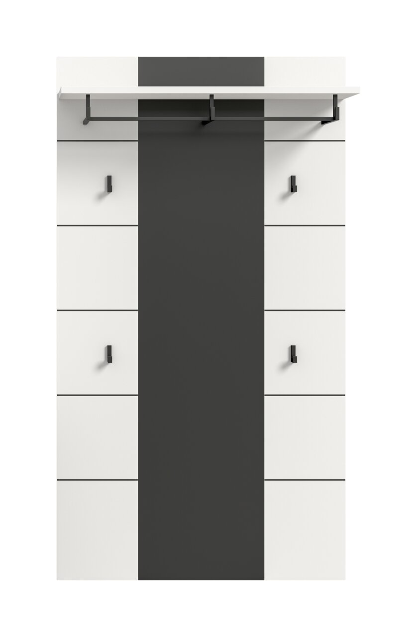 Modernes Garderobenpaneel in Weiß mit mittigem schwarzem Paneel, oben Ablage und Kleiderstange sowie vier Haken; Frontalansicht.