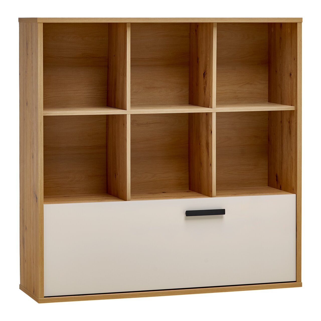 Bücherregal aus Holz mit sechs offenen Fächern und einer großen Schublade unten, Frontalansicht