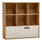 Bücherregal aus Holz mit sechs offenen Fächern und einer großen Schublade unten, Frontalansicht