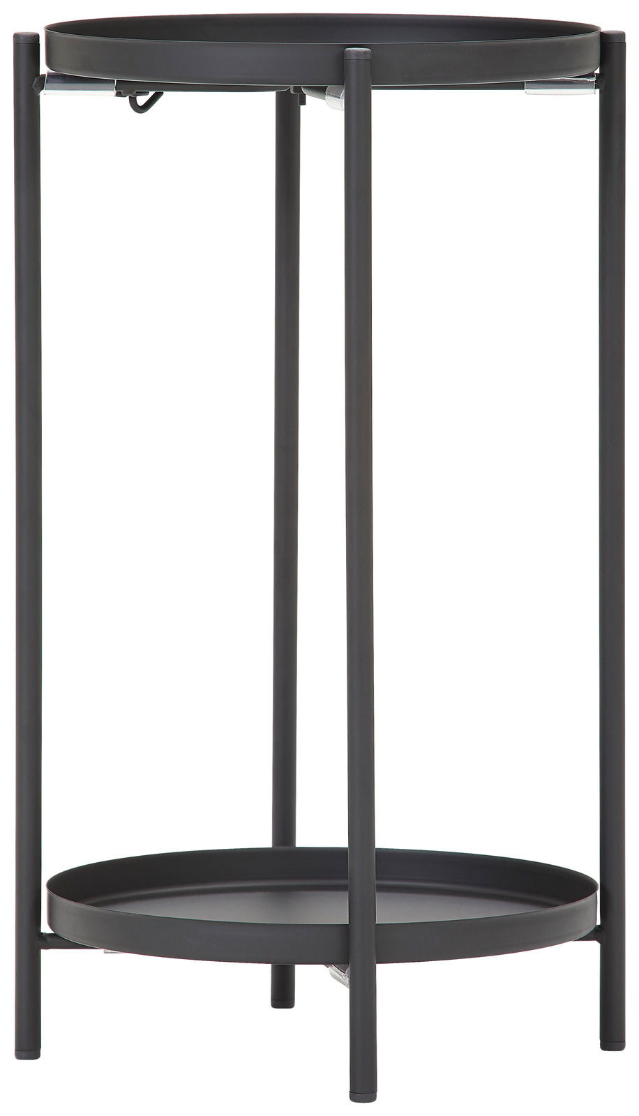 Schwarzer Beistelltisch aus Metall mit zwei runden Ablageflächen, seitliche Perspektive