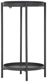 Schwarzer Beistelltisch aus Metall mit zwei runden Ablageflächen, seitliche Perspektive