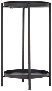 Schwarzer Beistelltisch aus Metall mit zwei runden Ablageflächen, seitliche Perspektive