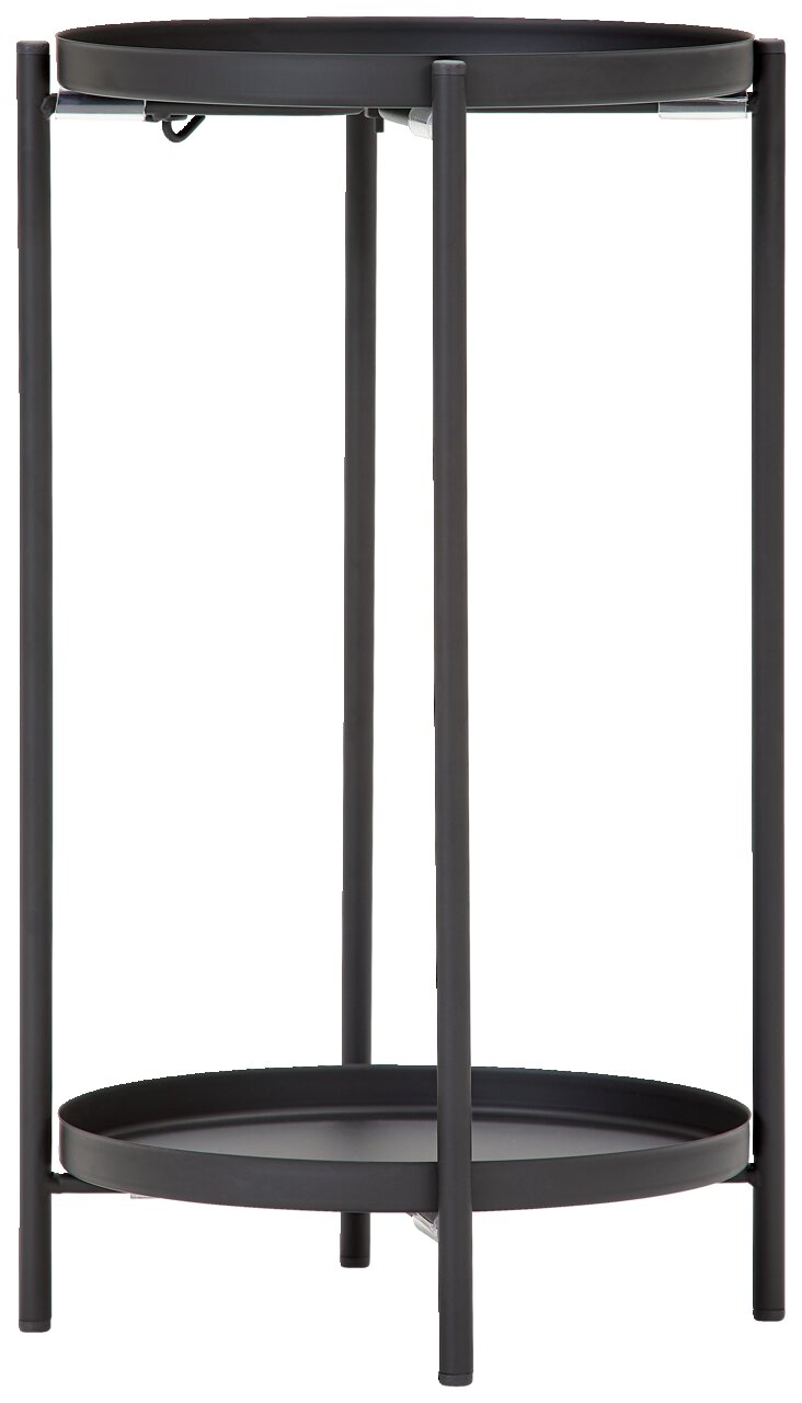 Schwarzer Beistelltisch aus Metall mit zwei runden Ablageflächen, seitliche Perspektive