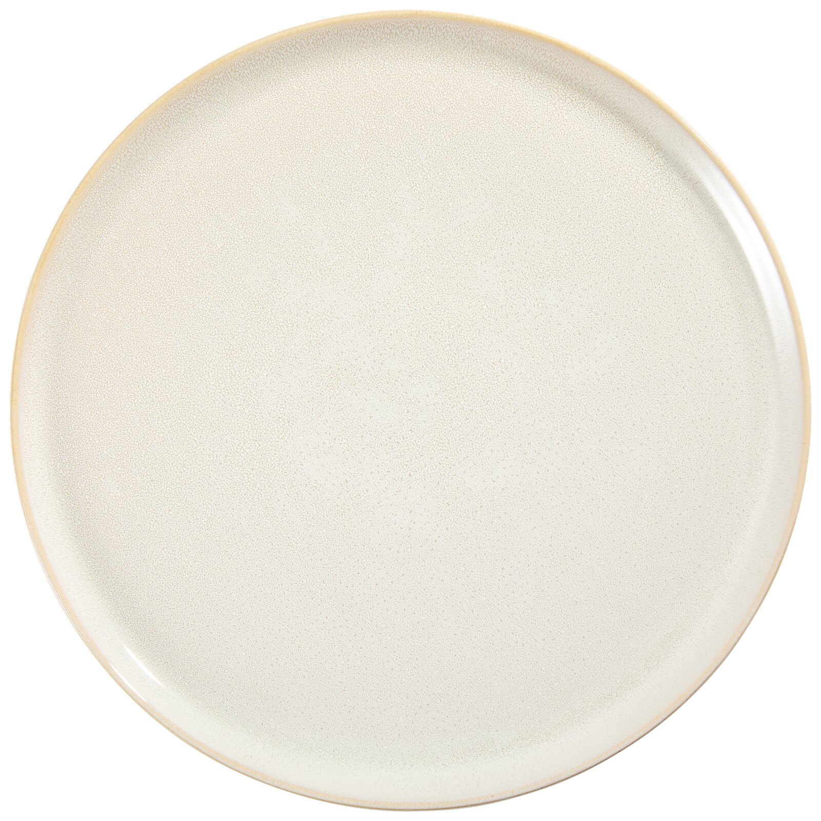 Rond crèmekleurig bord met subtiel gespikkeld glazuur en een lichtbeige rand, van bovenaf gezien