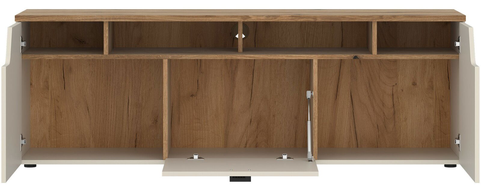 TV-Lowboard aus Holz mit offenen Fächern und Türen, Frontansicht