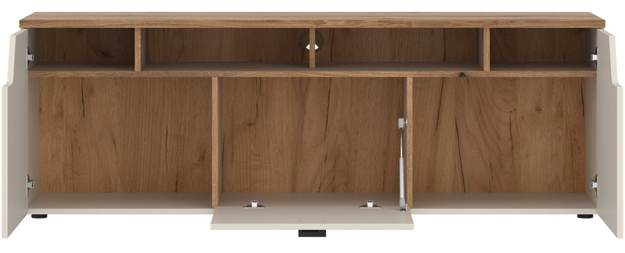 TV-Lowboard aus Holz mit offenen Fächern und Türen, Frontansicht