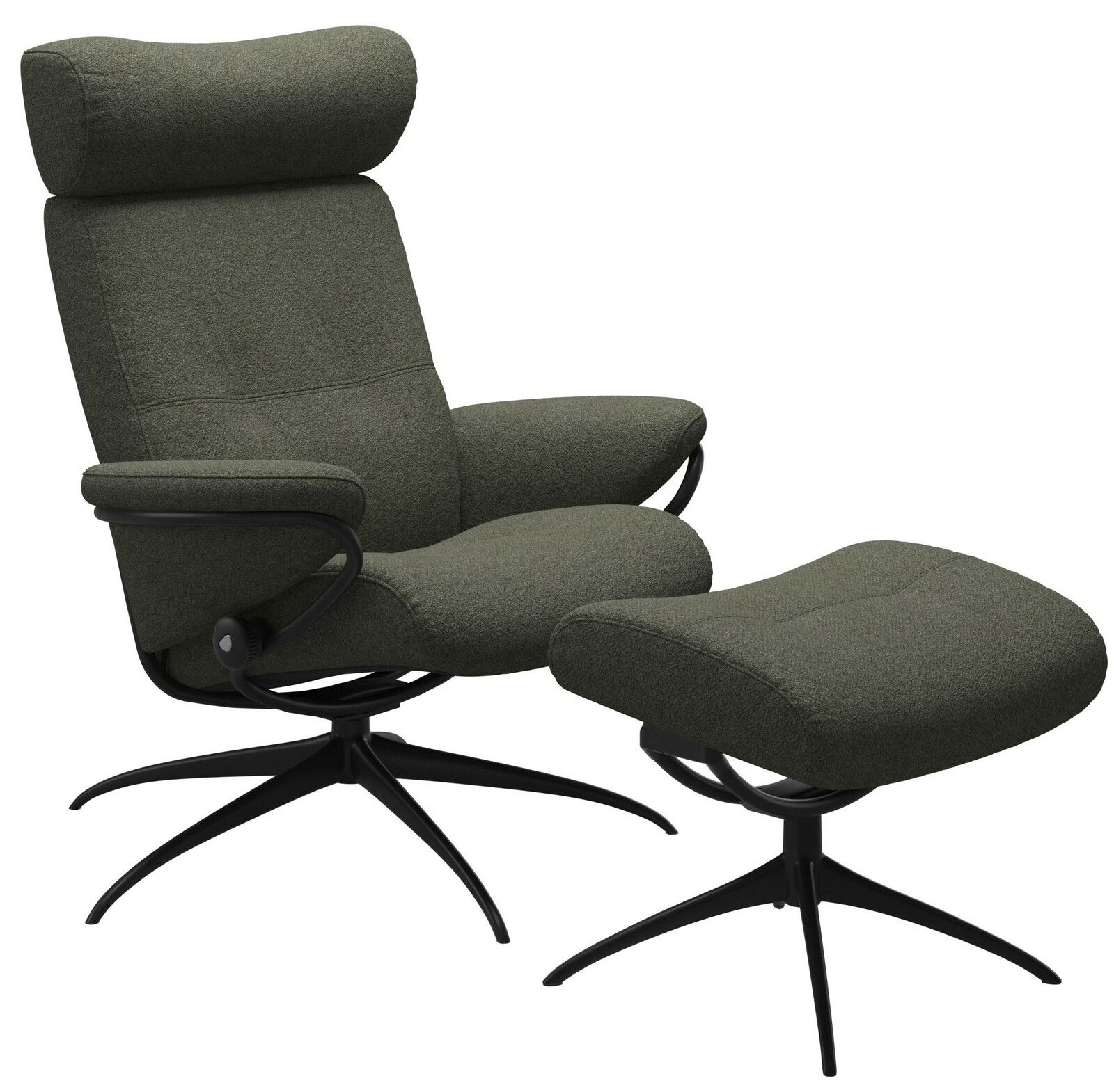 Grüner Einzelsessel mit Kopfstütze und passendem Hocker, seitliche Perspektive