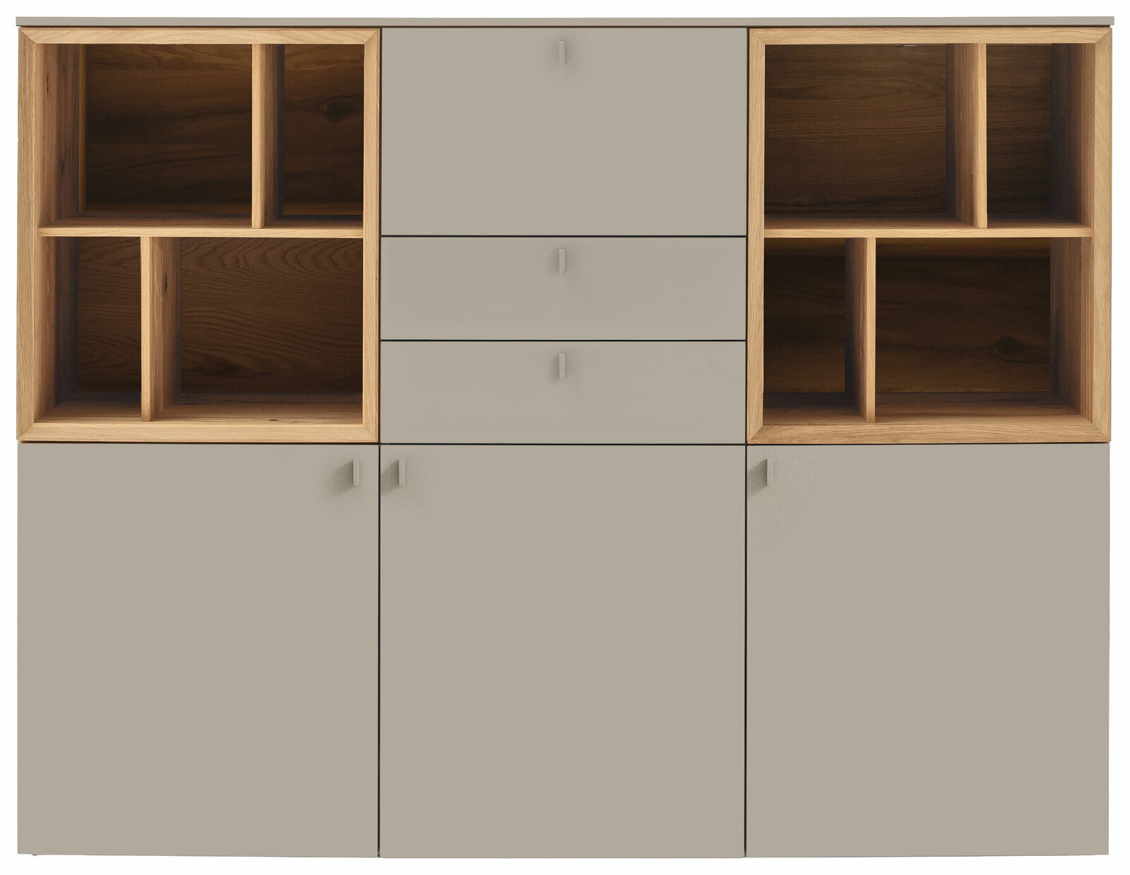 Frontale Ansicht eines modernen Highboards mit offenen Regalfächern und Schubladen in Holzoptik.